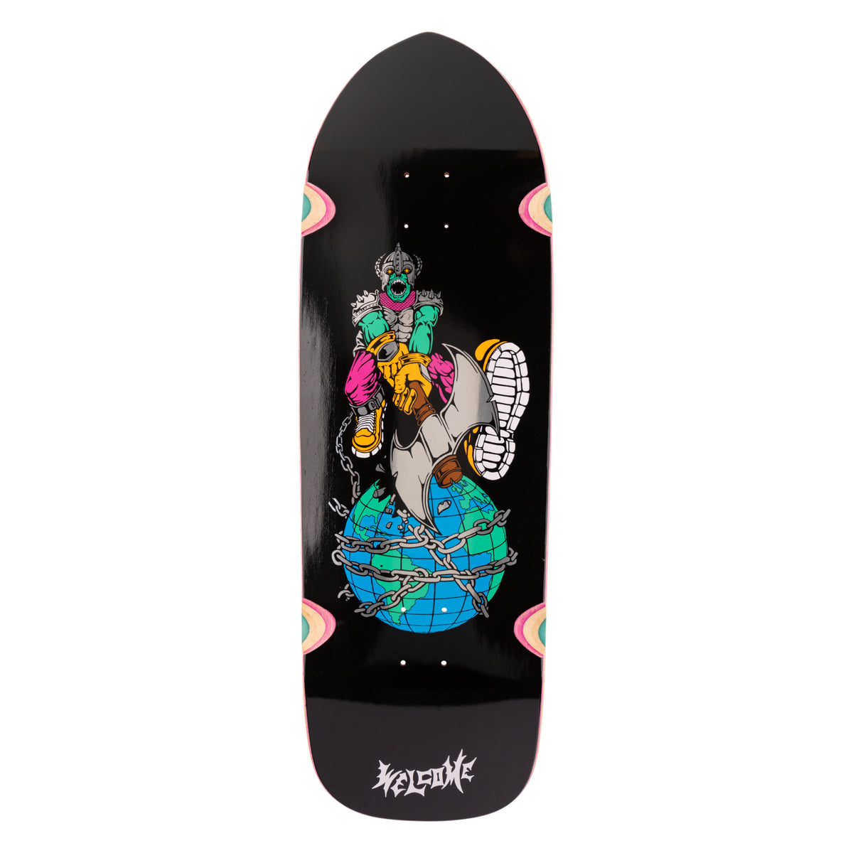 Welcome Unchained on Magic Bullet 2.0 - Black - 10.5 skateboard deck: Armoured green-faced warrior with an axe stands on a chained globe, one boot kicking upwards, on a black shaped deck. Pastel eye-like swirl shapes sit at the sides and a white Welcome logo at the tail.