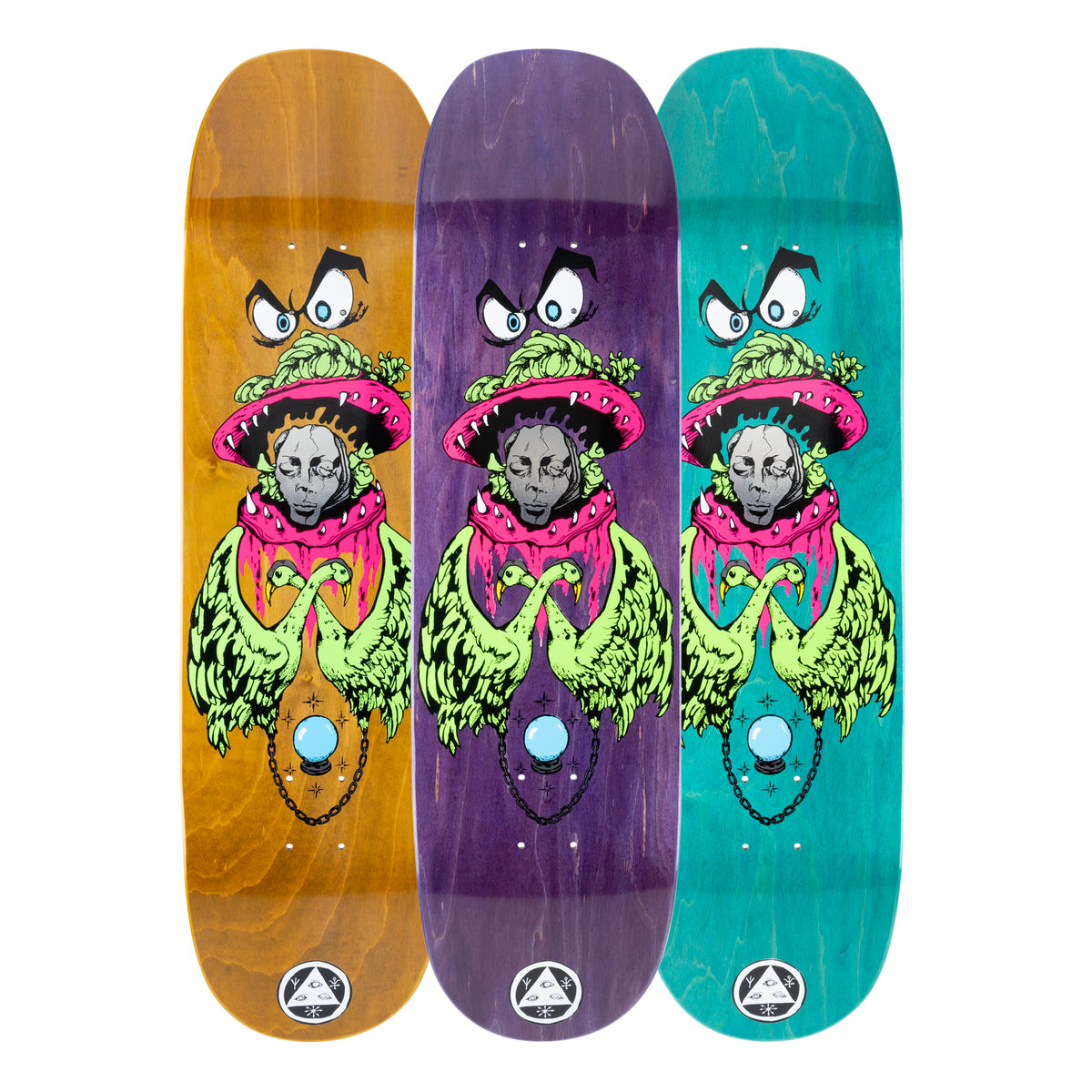 Welcome Victim of Time on Moontrimmer 2.0 - Various Stains - 8.5 skateboard deck: Illustration of a grey sleeping face under a pink toothed mushroom-cap hat with scowling eyes above, framed by two green swans or geese, with a crystal ball on a chain below. Shown in orange, purple and teal stains.