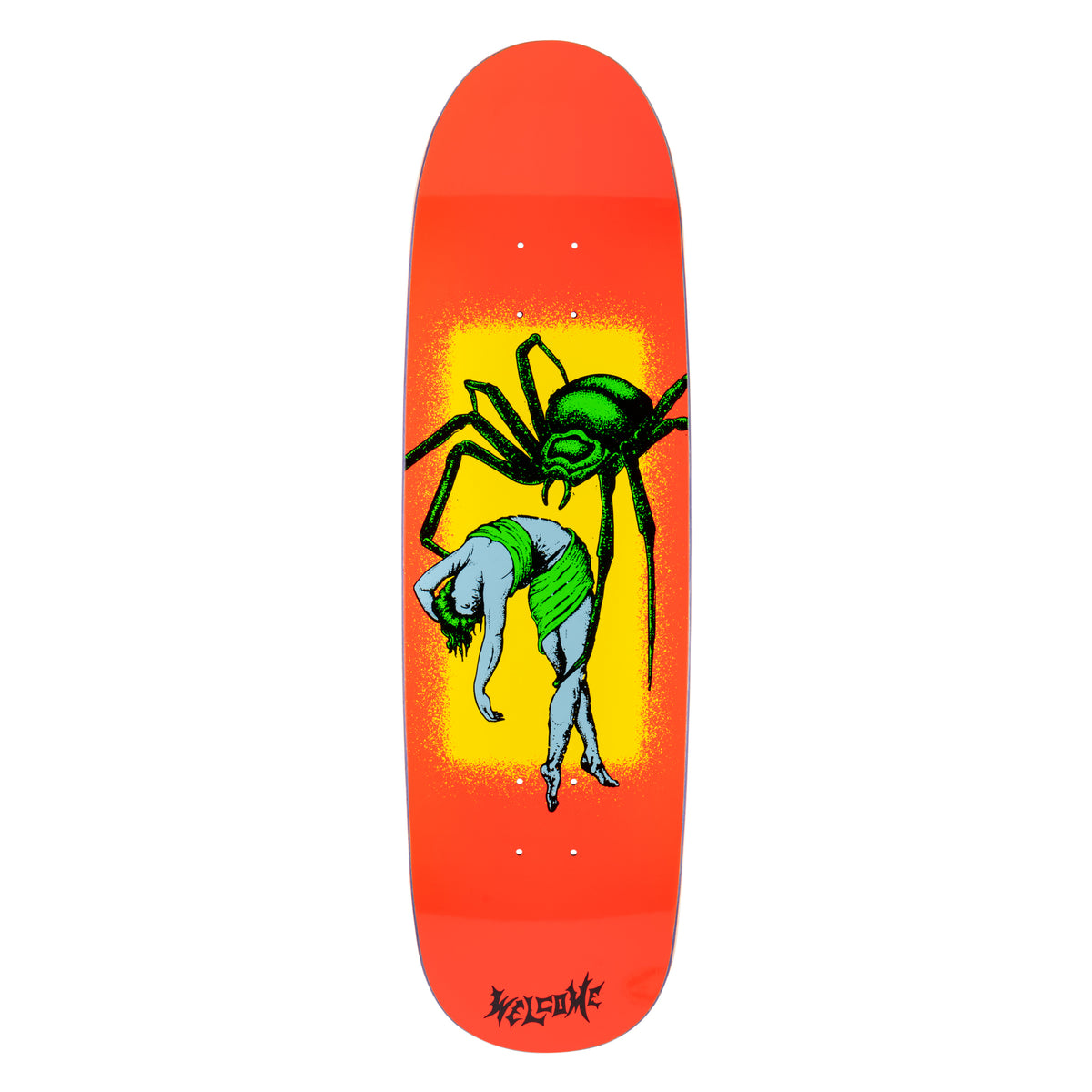 Welcome Widow on Atheme - Neon Coral - 8.8 skateboard deck: A giant green spider holding a pale blue woman arched backwards over its body, in a yellow glowing panel on a neon coral shaped deck. The Welcome logo in red sits near the tail.