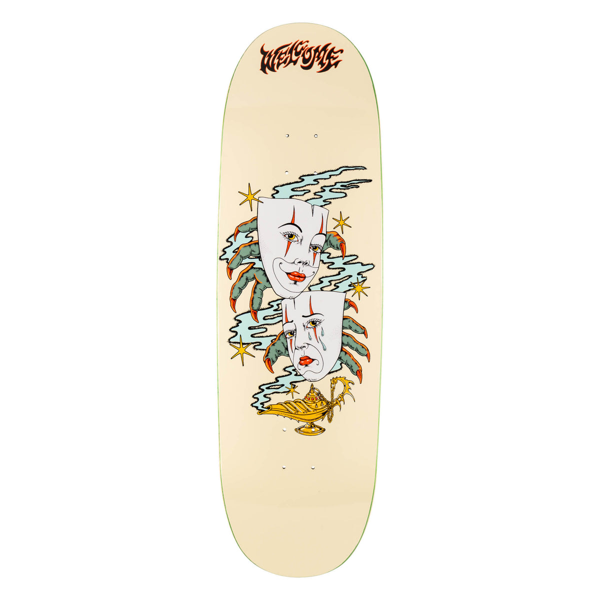 Welcome Wish on Boline 2.0 - Bone - 9.5 skateboard deck: Two white theatre masks, one smiling and one crying, held by green clawed hands amid blue smoke and gold stars, rising from a golden genie lamp. Cream background with a red-brown flame-style Welcome logo at the top.