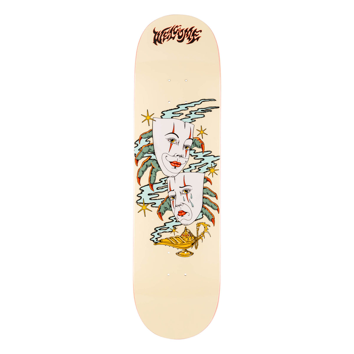 Welcome Wish on Popsicle - Bone - 8.50 skateboard deck: Two white theatre masks, one smiling and one crying, held by green clawed hands in blue smoke with gold stars, above a golden genie lamp. Cream deck with a red-brown flame-style Welcome logo at the top.