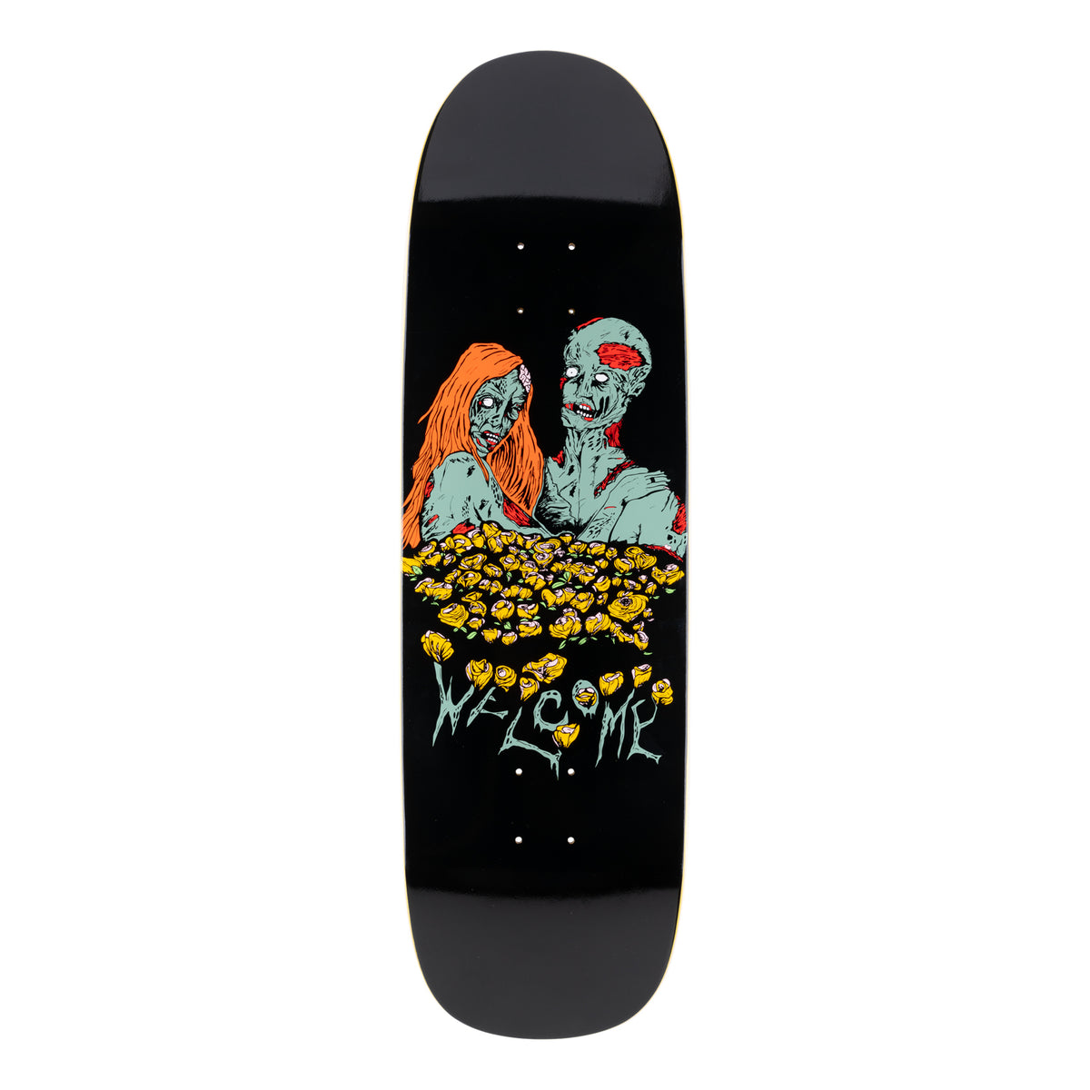 Welcome Zombie Love on Boline - Black - 9.25 skateboard deck: A grey-green zombie couple, the woman with long orange hair, embrace above a bed of yellow roses on a black deck. Dripping 'WELCOME' lettering sits below.