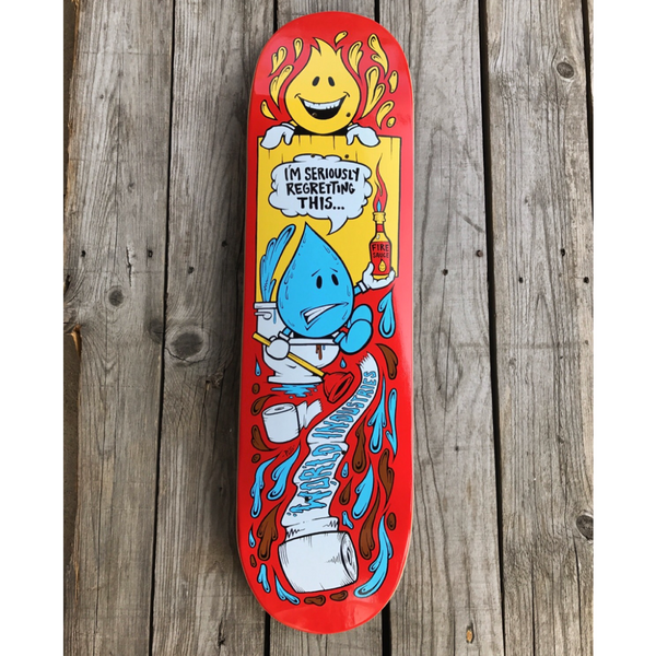 World Industries WetWilly - Regret skateboard deck: Cartoon on a red deck: a smiling flame looks over a fence at a worried water drop sitting on a toilet holding a bottle of fire sauce, with toilet paper and water splashes below. Speech bubble and World Industries lettering.