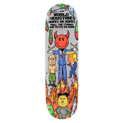 World Industries Puppet skateboard deck: A red devil smiley-face puppeteer in a blue suit pulls the strings of caricatured world leader puppets above flames, with another figure in the fire below and green missiles at the edges.
