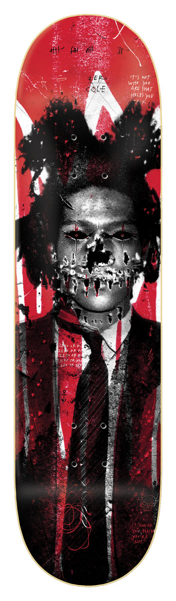 Zero 27 Club - Cole 8.25 skateboard deck: Grungy black and white portrait of a man with a big hair, suit and tie, his mouth stitched like a skeleton's teeth, over a red distressed background with scrawled handwritten text.