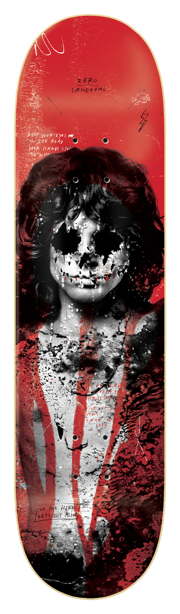 Zero 27 Club - Sandoval 8.125 skateboard deck: Black and white photographic portrait of a long-haired figure in an open jacket, with the face obscured by a skull-like blotchy mask, over a red background with handwritten scrawled text and splatters.