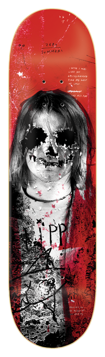 Zero 27 Club - Summers 8.25 skateboard deck: A greyscale photographic portrait of a long-haired figure with the face eaten away into a skull-like pattern, over a red collage with scrawled handwriting and scratchy marks. Part of Zero's 27 Club series.