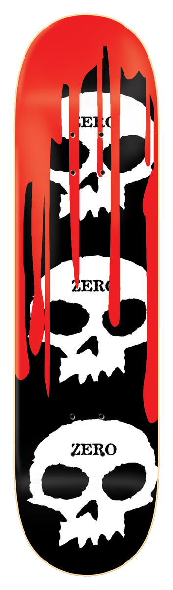 Zero 3 Skull Blood - Black skateboard deck: Three white Zero skulls stacked down a black deck, each labelled ZERO, with thick red blood dripping down from the top over the upper skulls.