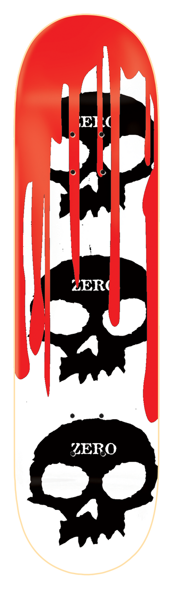 Zero 3 Skull Blood - White skateboard deck: Three stacked black Zero skulls on a white deck, each with the brand name on its forehead, with thick red blood dripping down from a red band at the top over the upper skulls.