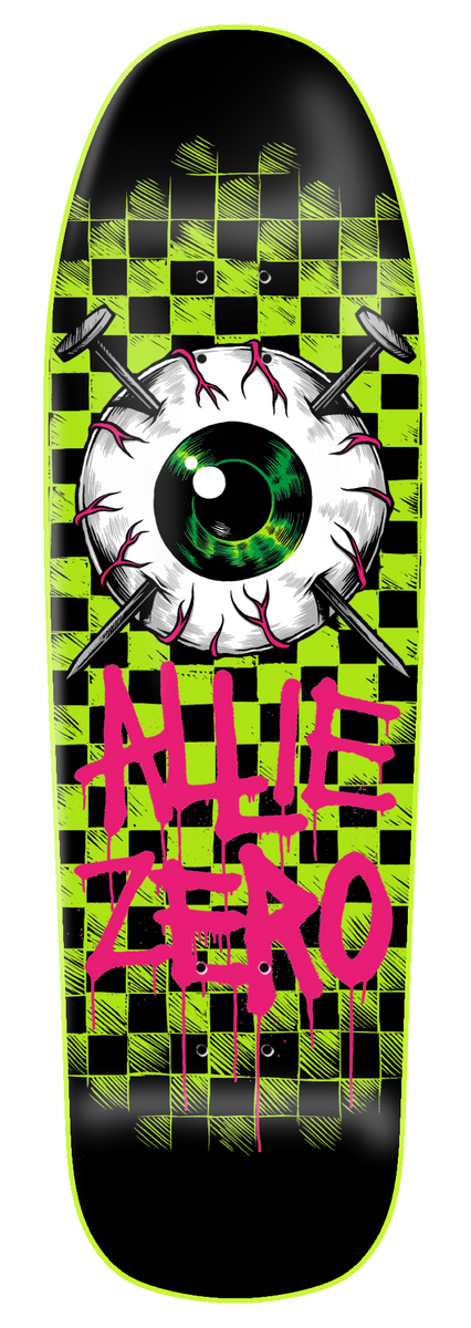 Zero Allie - Eyeball 9.5 skateboard deck: Large bloodshot green-eyed eyeball pierced by two nails over a green and black checkerboard, with dripping pink 'ALLIE ZERO' lettering. Shaped deck with a black base.