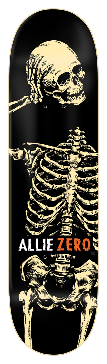 Zero Allie - Headcase skateboard deck: Cream-coloured engraved skeleton with a hand raised to its skull's ear, ribcage and pelvis visible, on a black deck. ALLIE ZERO in white and orange lettering across the middle.