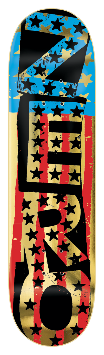 Zero American Punk - Gold (Black Dip) skateboard deck: Large stencil-style 'ZERO' lettering running vertically over a stars-and-stripes pattern, with black stars on gold foil and red and blue stripes. Black dipped edges.