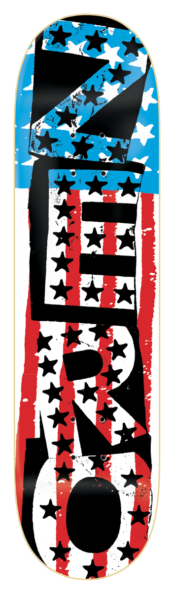 Zero American Punk skateboard deck: Brand name in torn, black stencil-style letters laid over an American flag pattern with black stars replacing the usual white ones, on a black deck.