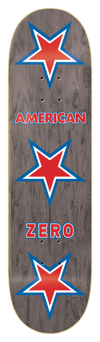 Zero American Zero (Assorted) 7.75 skateboard deck: Three red five-pointed stars with blue and white outlines stacked down a grey-stained deck, with 'American' and 'Zero' in red block letters with blue outline between them.