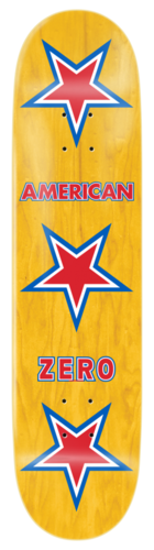 Zero American Zero (Classic Yellow) skateboard deck: Yellow wood-grain deck with three red, blue-outlined stars running down the deck, the words 'American' and 'Zero' in red capitals between them.