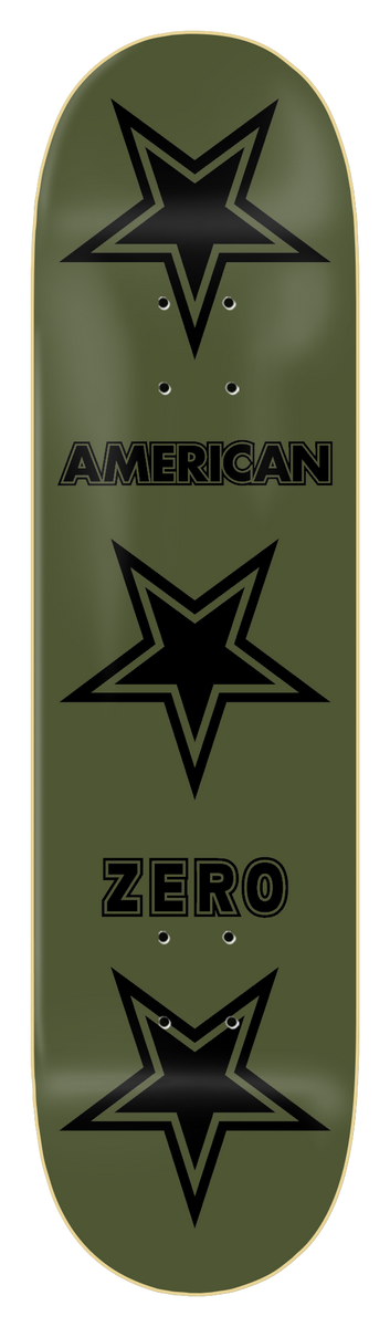 Zero American Zero - Military Green/Black skateboard deck: Three large black outlined stars stacked down an olive green deck, with 'American' and 'Zero' in black outlined capitals between them.