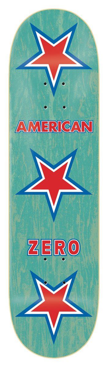 Zero American Zero (Pastel) skateboard deck: Three red stars with blue and white outlines stacked down a teal-stained deck, with the words American and Zero in red and blue block capitals between them.
