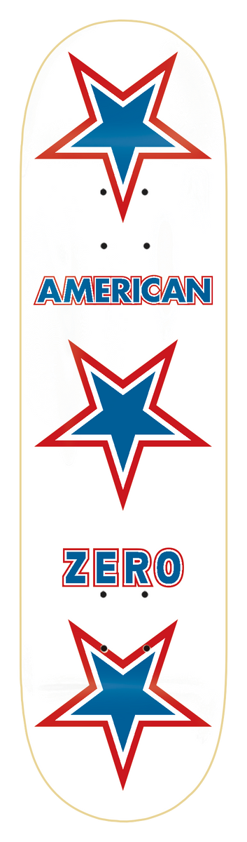 Zero American Zero - White - 8.25 skateboard deck: Three red-outlined blue stars stacked down a white deck, with the words AMERICAN and ZERO in blue block capitals with red outlines between them.