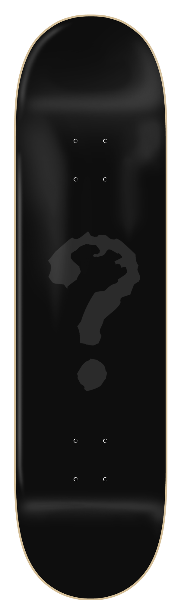 Zero Bailout & Hoodie Bundle skateboard deck: Plain black deck with a single dark grey, ragged-edged question mark in the centre. Almost no other detail is visible.