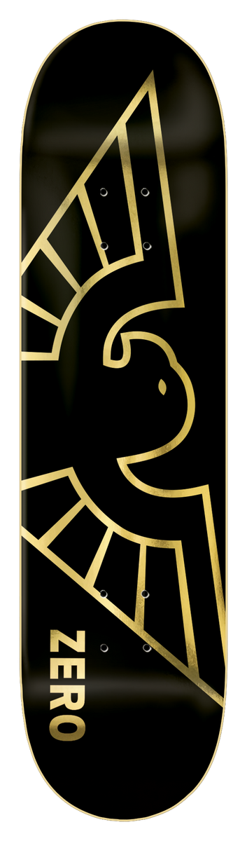 Zero Bird - Gold Foil skateboard deck: Gold foil outline of a bird with spread wings in a bold geometric style on a black deck, with a thin gold outline around the deck edge. Brand name in gold at the tail.