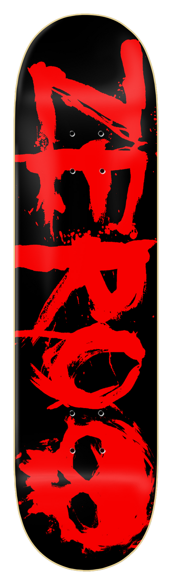 Zero Blood - Black skateboard deck: A large brushed, dripping ZERO logo in bright red paint strokes runs down a black deck, with the final O drawn as a skull.