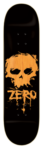 Zero Blood Skull Knockout 8.25 skateboard deck: A splattered, brush-painted skull in orange, with the wood grain showing through, above dripping Zero lettering on a black deck. The edge has a thin cream outline.