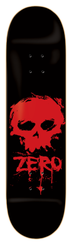 Zero Blood Skull skateboard deck: Black deck with a large red painted skull with drippy brush edges in the lower half. The Zero name is lettered across the bottom in red dripping script.