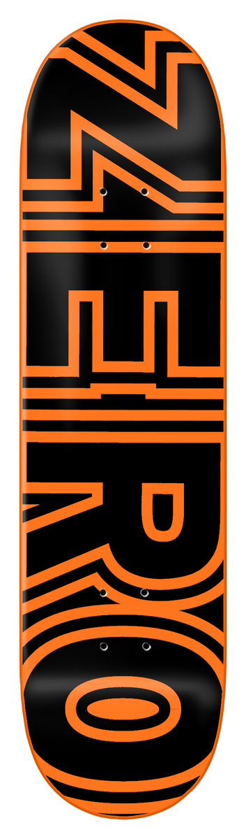 Zero Bold - Fluoro Orange skateboard deck: Large bold block letters spelling Zero in fluorescent orange outline run vertically down the whole length of a black deck.