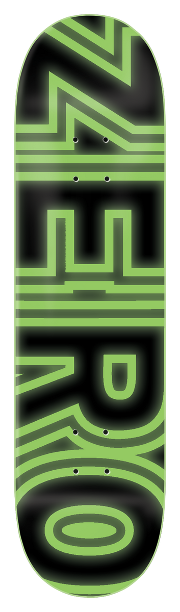 Zero Gitd Bold skateboard deck: Black deck with the ZERO logo in large outlined block capitals running the length of the board, drawn in glowing lime green lines.