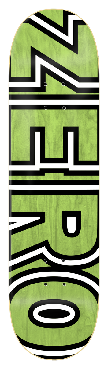 Zero Bold Green Veneer skateboard deck: Large bold block capitals reading ZERO, in white with black outlines, set vertically along the length of a green stained deck.