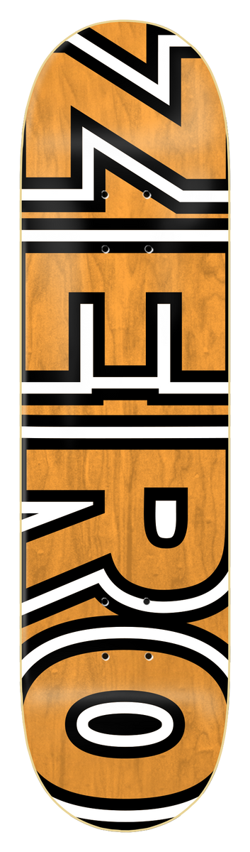 Zero Bold Orange Veneer skateboard deck: Large bold block capitals reading ZERO, in white with black outlines, set vertically along the length of an orange stained deck.