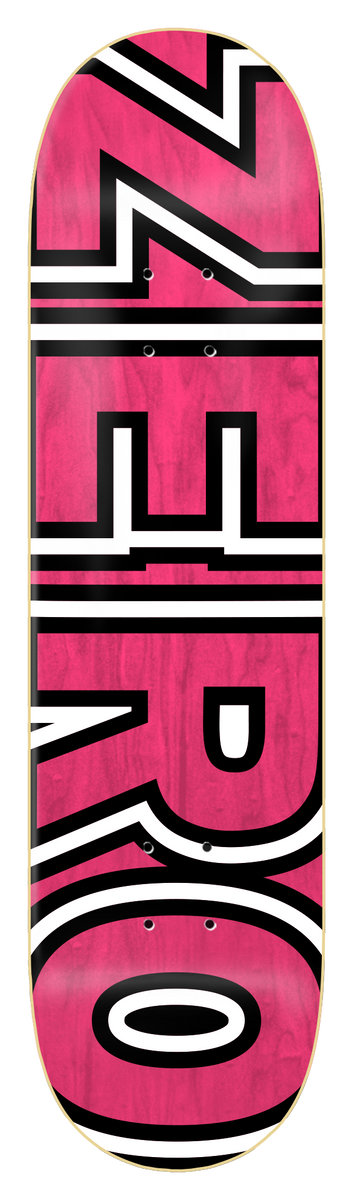 Zero Bold Pink Veneer skateboard deck: Large bold block capitals reading ZERO, in white with black outlines, set vertically along the length of a pink stained deck.