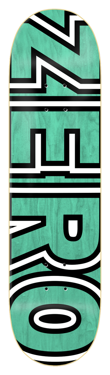 Zero Bold Teal Veneer skateboard deck: Giant white ZERO lettering with thick black outlines running the full length of a teal-stained deck, with the wood grain showing through.