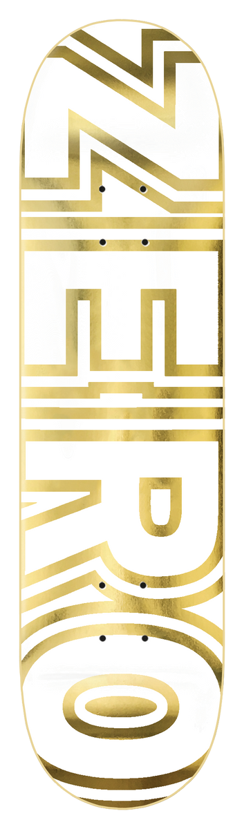 Zero Bold - White/Gold Foil skateboard deck: Large stacked ZERO block lettering outlined in gold foil on a plain white deck, the letters cropped and filling the full length.