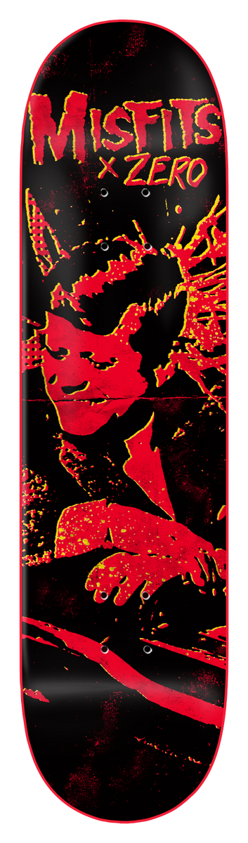 Zero Bullet - Red Dipped 8.375 skateboard deck: Black deck with Misfits x Zero lettering in red at the top over a red and orange high-contrast image of a man with a devilock leaning on a car, with a red edge dip.