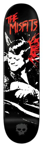 Zero Bullet skateboard deck: Black deck with The Misfits logo in red at the top over a stark black and white image of a man with a Misfits-style devilock leaning on a car, with a red splatter by his head and a Zero skull at the bottom.