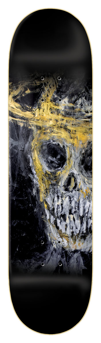 Zero Burman - Deville Skull 8.5 skateboard deck: Expressive painted skull wearing a loose yellow gold crown, cropped to the right side of the deck in grey, white and black brushwork.