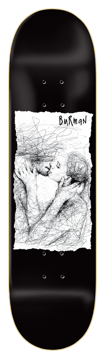 Zero Burman - Ilo Ballpoint skateboard deck: Scribbled ballpoint-pen drawing of two embracing, kissing figures on a torn white paper panel, on a glossy black deck, with the rider name handwritten at the top.