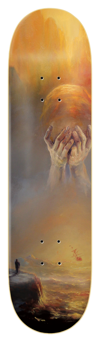 Zero Burman - Melancholy II skateboard deck: Moody oil painting of a pair of hands cupping a glowing orb above a stormy sea, with a lone figure on a cliff edge and a small sailing ship in the distance, in hazy gold and grey tones.