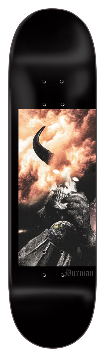 Zero Burman - Muff - 8.5 skateboard deck: Black deck with a rectangular photographic panel of a skull-faced figure with one dark horn clutching a small globe, against fiery orange clouds. Burman in small gothic script below.