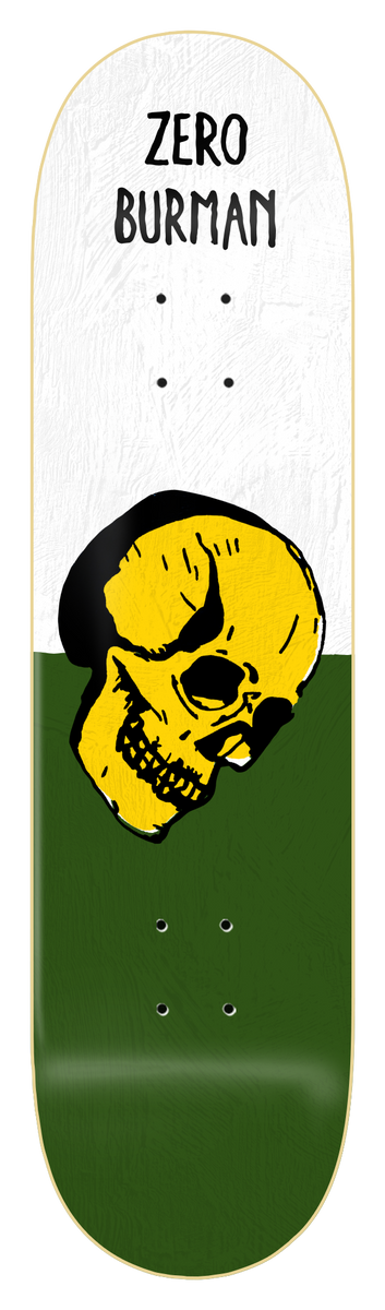 Zero Burman - Bowen Skull - 8.75 skateboard deck: Large yellow painted skull with black shading tilted at the centre, on a deck split into white on top and dark green below. Zero and Burman in black hand-drawn capitals at the top.