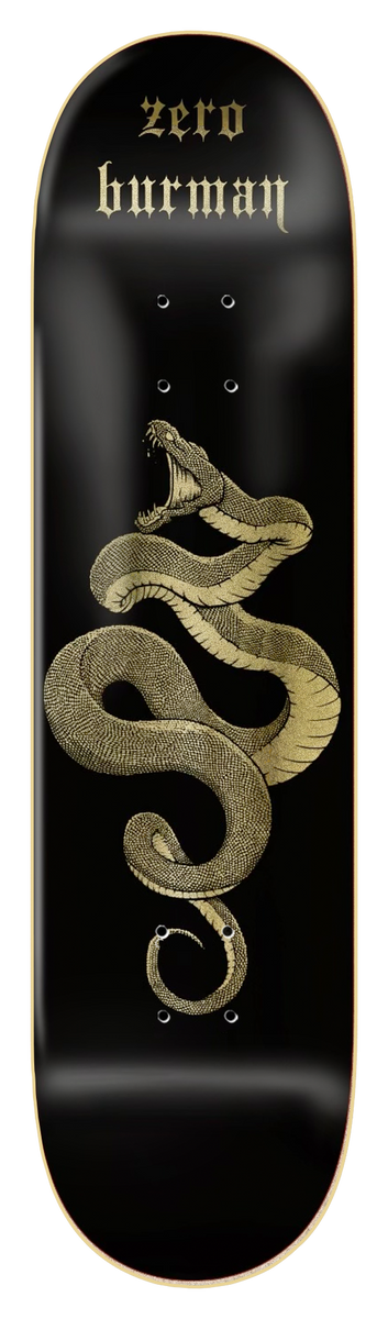 Zero Burman - Snake 8.25 skateboard deck: A gold-engraved coiled snake with open jaws and fangs rises on a black deck, with gothic lettering for the brand and rider name at the nose.