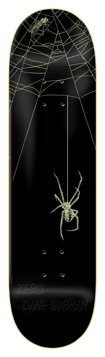 Zero Burman - Spider - 8.25 skateboard deck: Pale glow-style line drawing of a spider hanging on a thread below a cobweb, with a trapped fly at the top, on a black deck.
