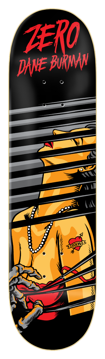 Zero Burman - Stalker skateboard deck: Cartoon illustration of a figure with a bead necklace and heart tattoo seen through window blinds, with a clawed hand reaching up with a red cloth. ZERO and Dane Burman are in red at the top of the black deck.