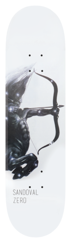 Zero Centaur - Sandoval skateboard deck: White deck with a dark, star-speckled centaur drawing a bow, its torso and hooves emerging from the left edge. The rider name and Zero are printed at the bottom.
