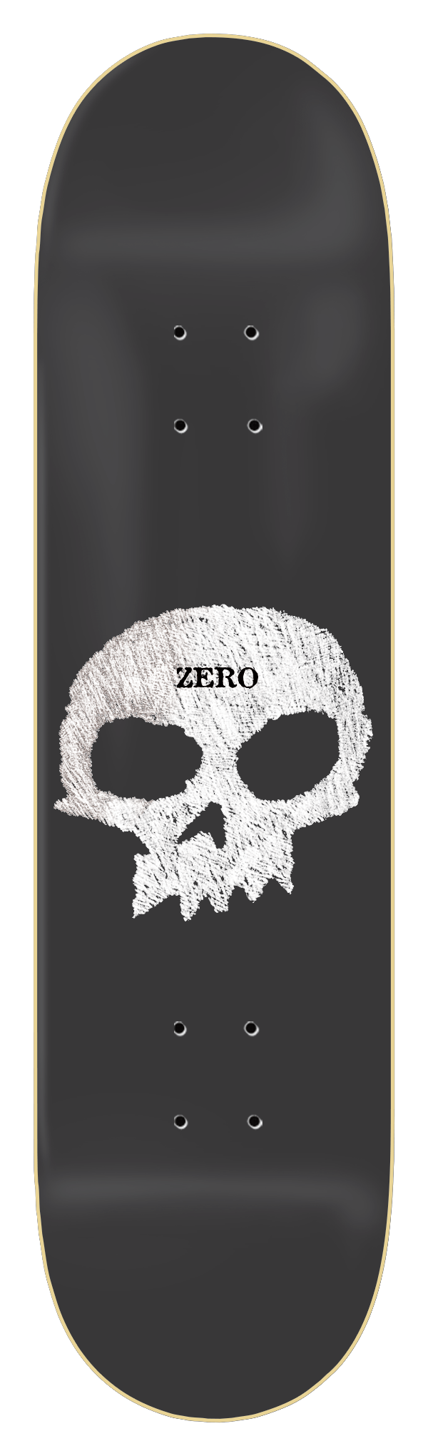 Zero Chalkboard Single Skull skateboard deck: Dark grey deck with a large white skull drawn in a rough chalk-scribble style, with the word ZERO in black serif capitals across its forehead.