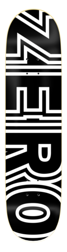 Zero Classic Bold skateboard deck: The word ZERO in large bold white outlined block capitals, running vertically down a black deck with a thin natural wood edge.