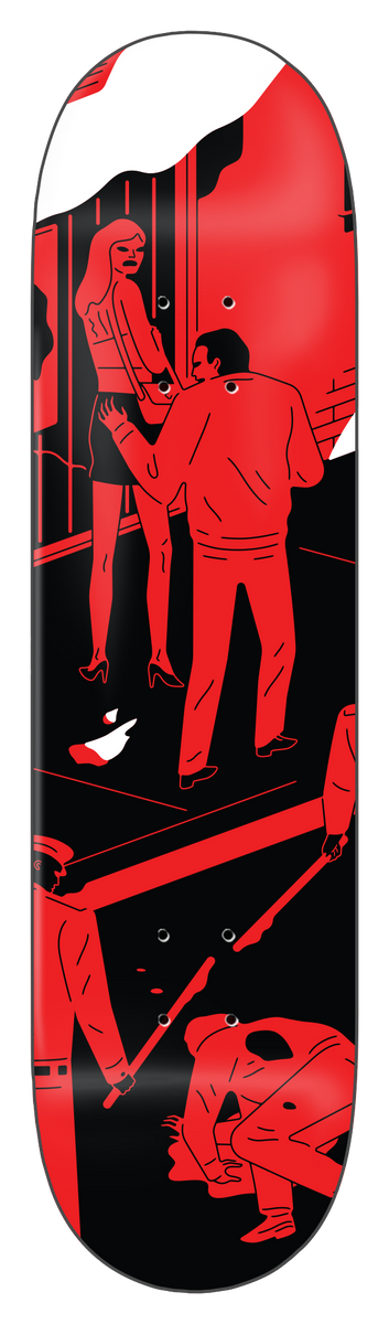 Zero Cleon Peterson *unsigned #1 Of 5 skateboard deck: Red and black flat illustration of a woman in a short skirt being grabbed by a man in a jacket in an alley, while two uniformed figures with batons beat a person on the ground. White cloud shapes at the top.