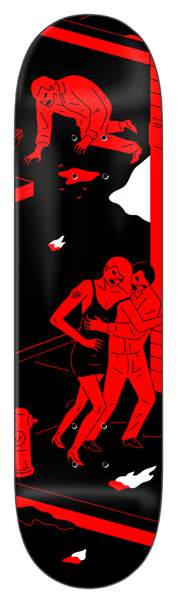 Zero Cleon Peterson *signed #5 Of 5 skateboard deck: Red and black flat illustration of a man crawling on the ground near a pool of blood, and a woman in a short dress being held by a man, with a fire hydrant and white cloud shapes.