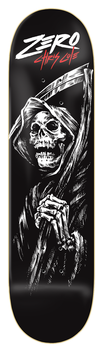 Zero Cole - 05 Reaper skateboard deck: Black and white sketchy illustration of a grinning hooded skull gripping a scythe. ZERO logo in white with Chris Cole in red brush script at the top.
